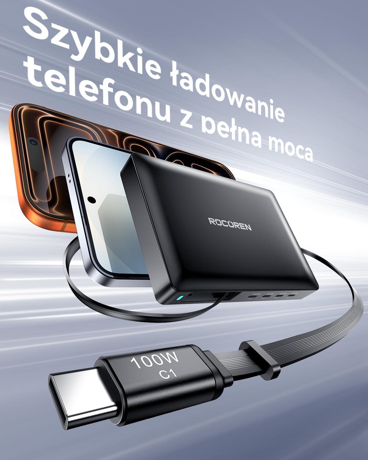 Rocoren Ładowarka USB C 8 w 1, z wysuwanym kablem, stacja ładująca USB GaN z wieloma urządzeniami, kompatybilna z laptopami, MacBookiem, iPadem, iPhonem, Samsung i innymi