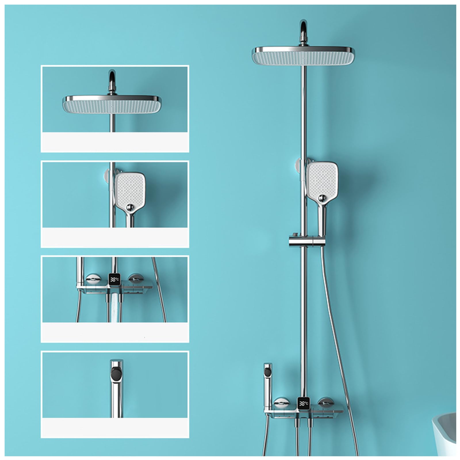 Sistema Doccia termostatico, Set Tasti Pianoforte con soffione a Pioggia, doccetta, beccuccio per Vasca e doccetta per Bidet, Display Digitale, Miscelatore in Ottone (Cromo)