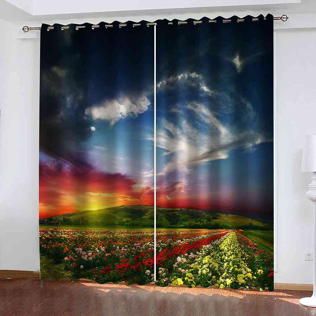 Rideaux occultants 3D paysage de mer de fleurs isolant thermique et phonique salon