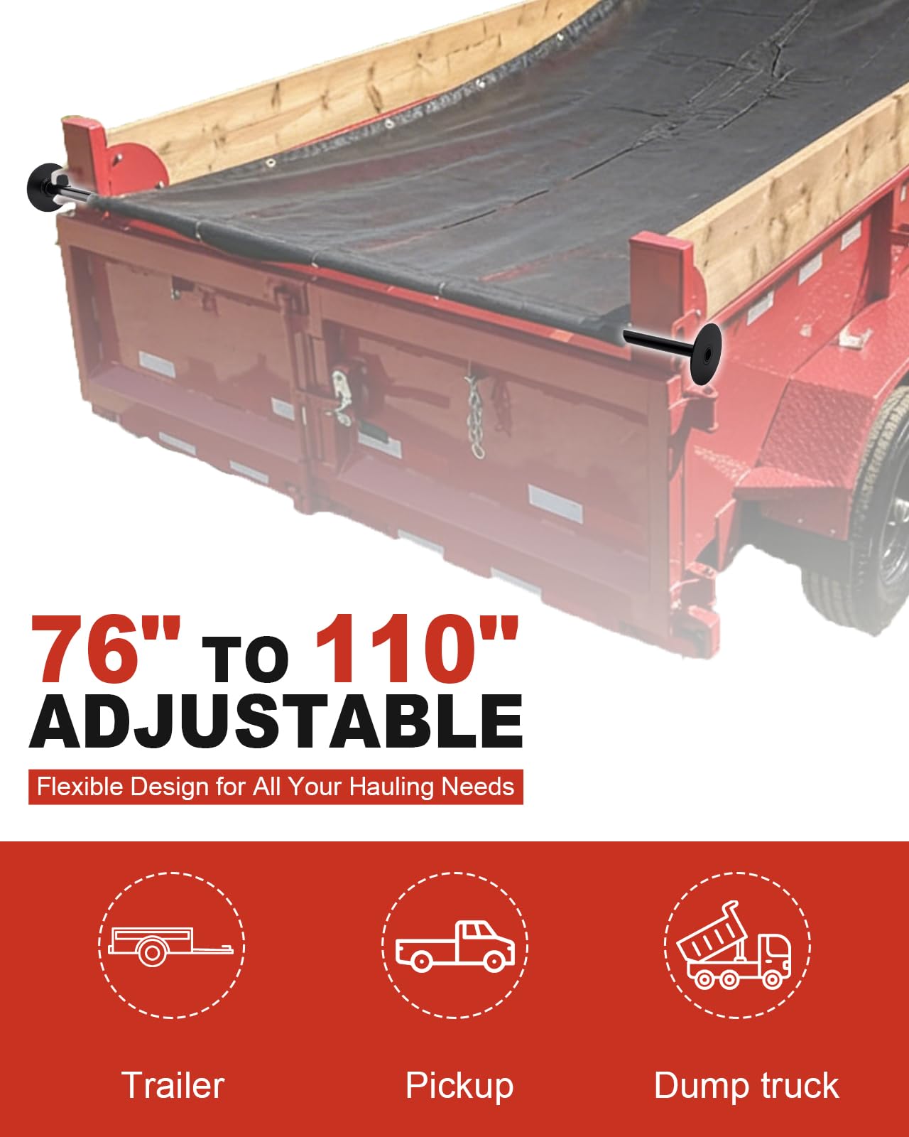 Dump Trailer Tarp Retention Bar, verstellbar 193–279,4 cm | Dreiteiliges Stahldesign, Anti-Sail-Unterstützung, Stellschrauben, Sechskantschlüssel, Schutzbeschichtung