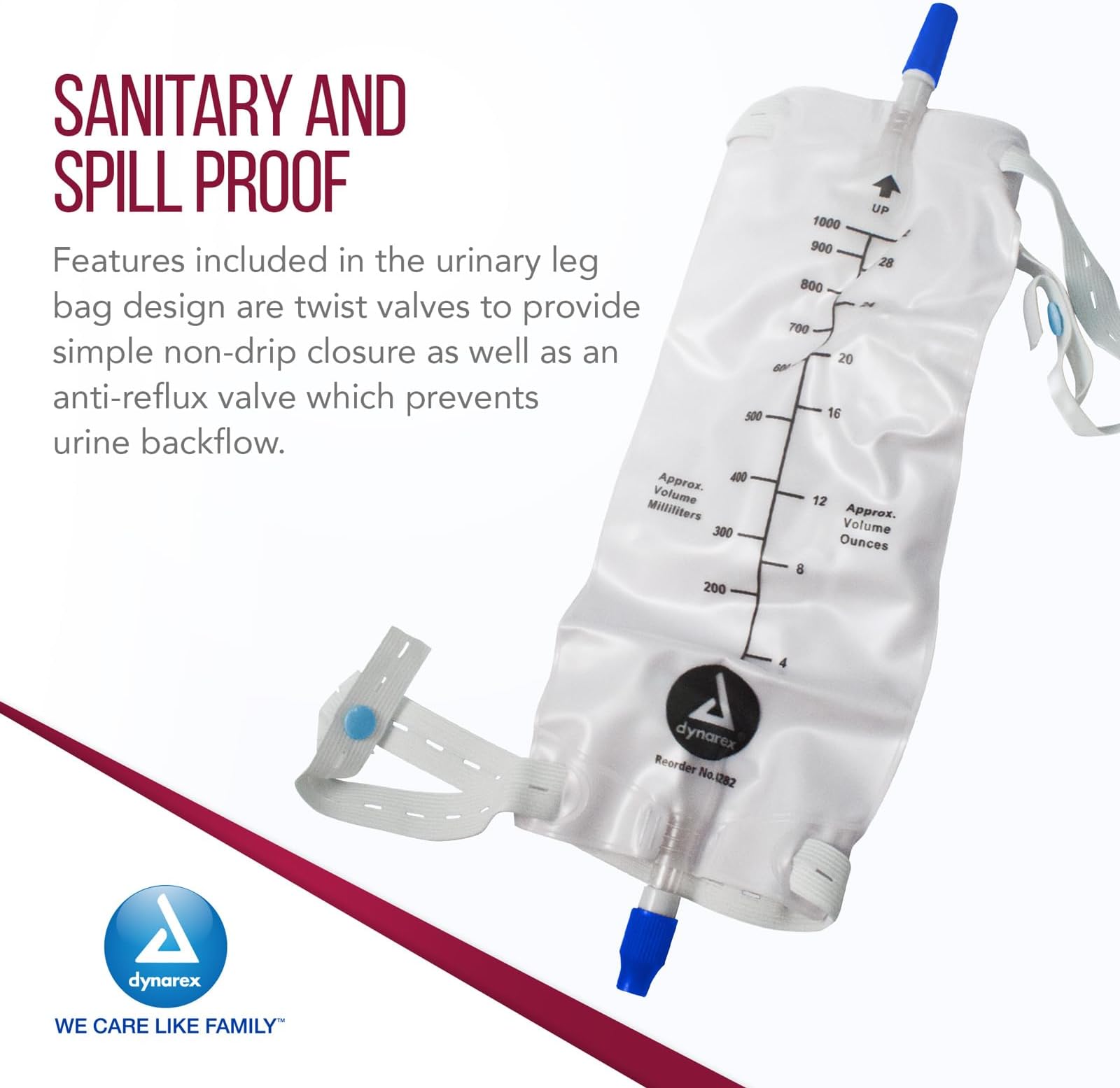 Dynarex Urinary Leg Bag - 4282BX - Large, 1000mL, 12 Each / Box