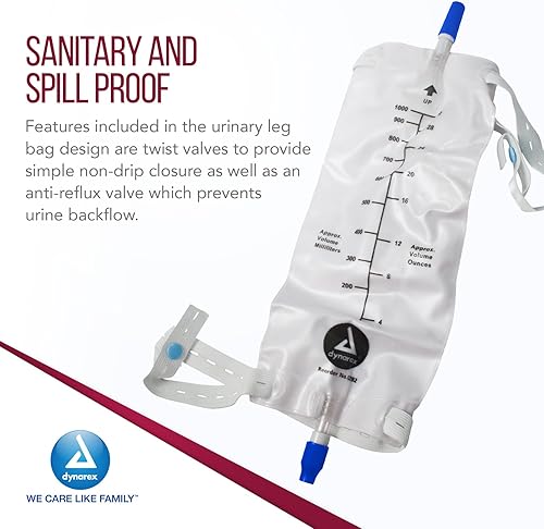 Miniatura 3 de Dynarex Bolsa para piernas urinarias, para uso con catéter, tiene un cierre antigoteo y válvula antirreflujo, incluye correas fáciles de usar,