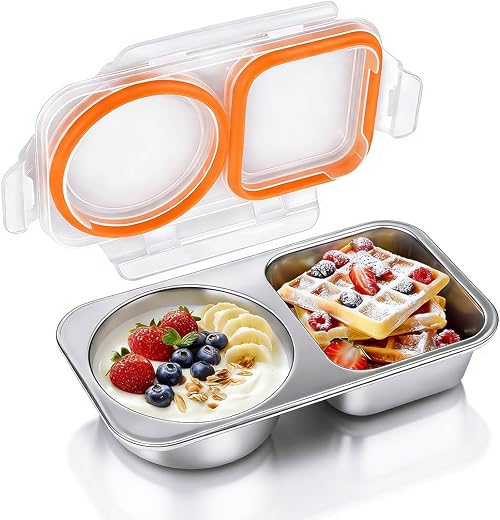Supvox® 304 Steel Tiffin Box for Kids, 2 Compartments Leakproof Airtight Food Container, BPA Free ClearLid, Portable Bento...