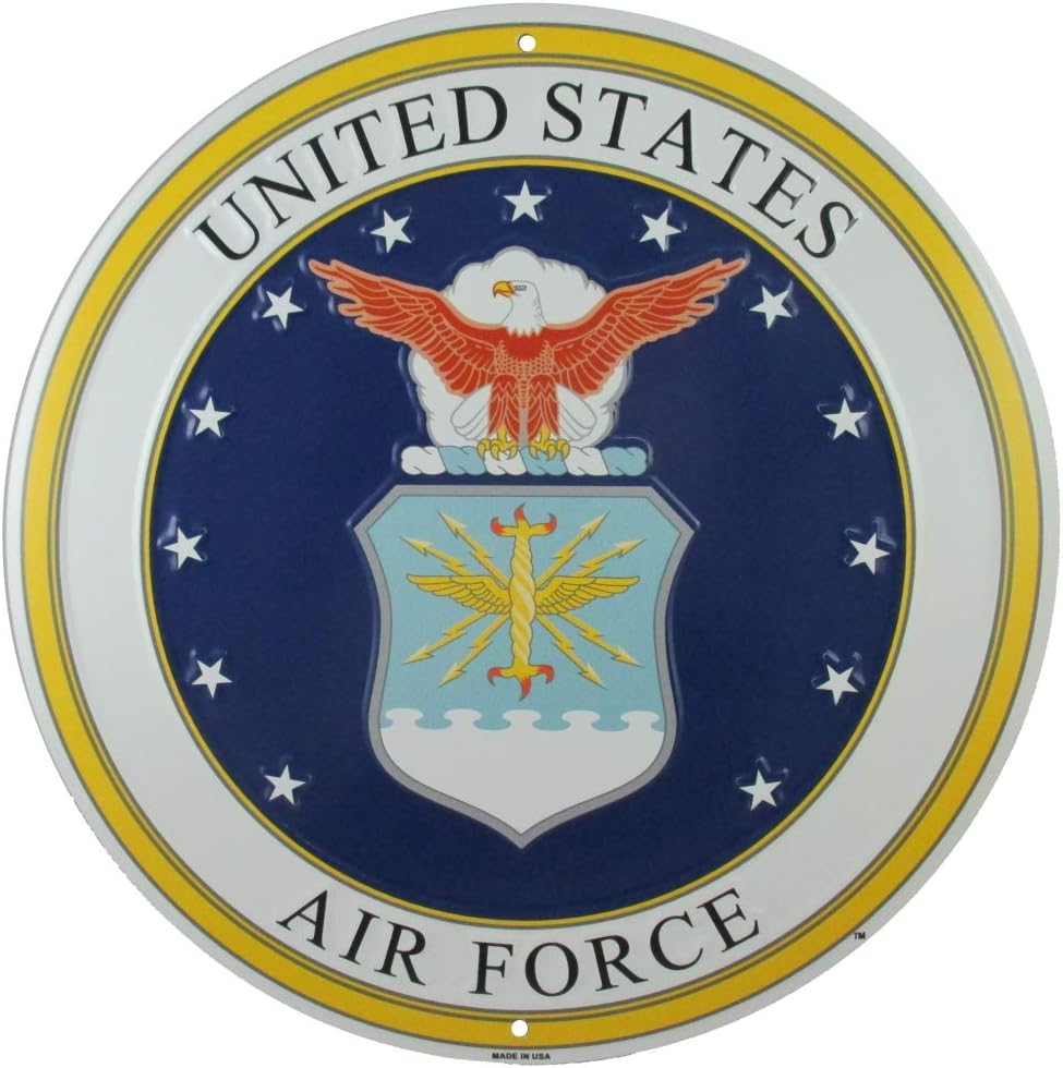 Tags America United States Air Force Logo Metal Sign, 12 Inch Round Embossed Aluminum Emblem, US Military Service Branch Wall Decor