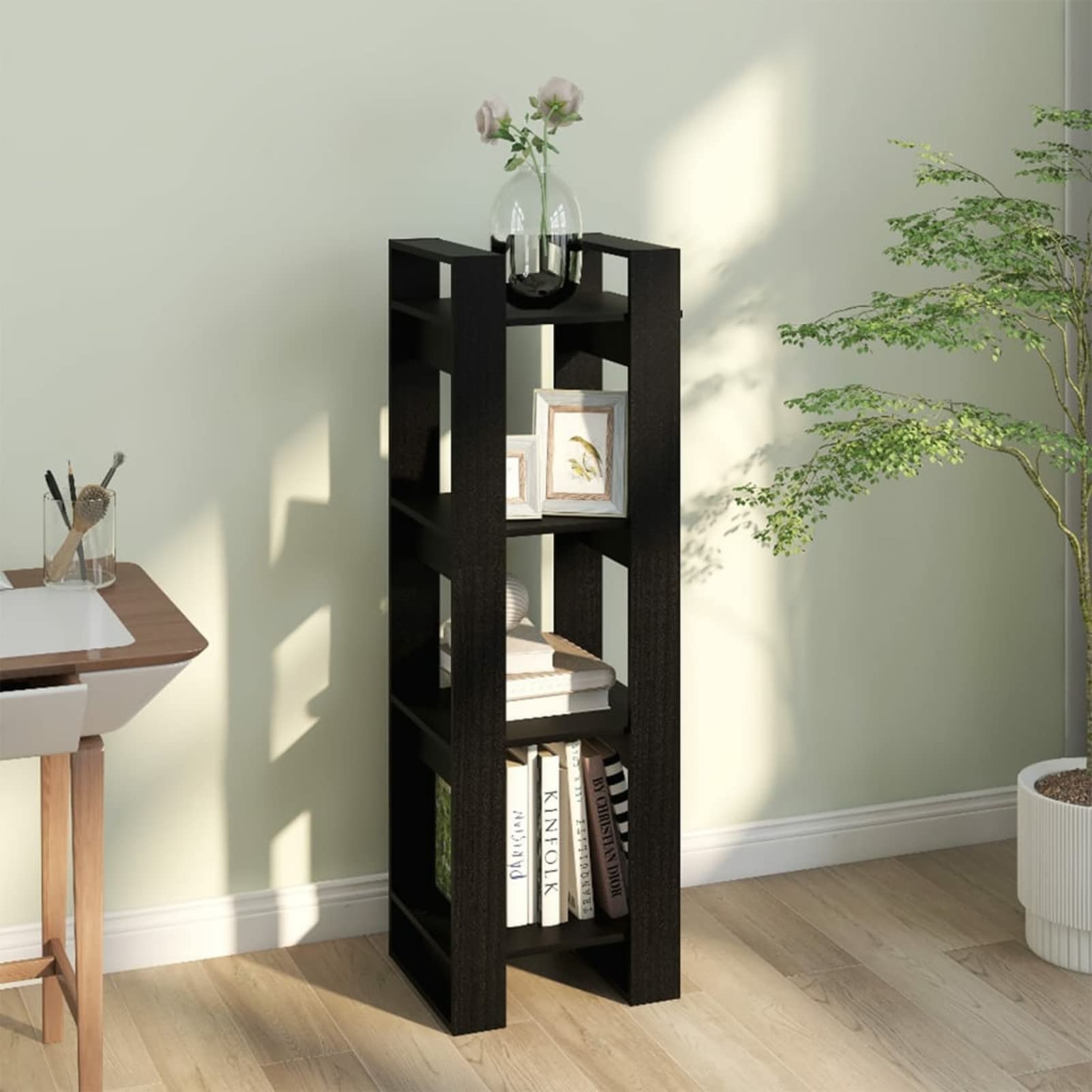 Rantry Bücherregal / Raumteiler Schwarz 41 x 35 x 125 cm aus massivem Kiefernholz, Bücherregal, Vitrine, vertikales Bücherregal, platzsparend, Regal für Wohnzimmer, Büro