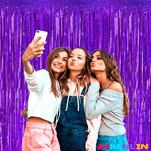 Image of 4 Pack 3.2Ft x 8.2Ft Purple Foil Fringe Curtain Backdrop, Metallic Tinsel Foil Fringe Streamers Curtains Background for Photo Booth, Birthday, Wedding, Disco, Bachelorette, Christmas Party Decoration