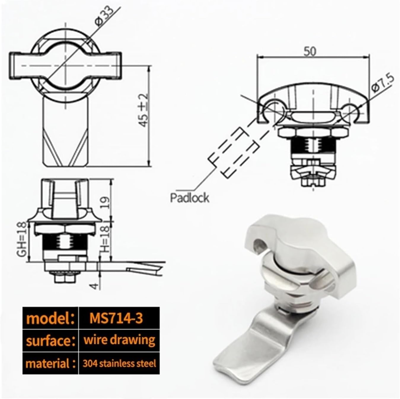 Cabinet Lock 304 Stainless Steel MS714-3 Control Cabinet Lock 1Pcs(MS408-1)
