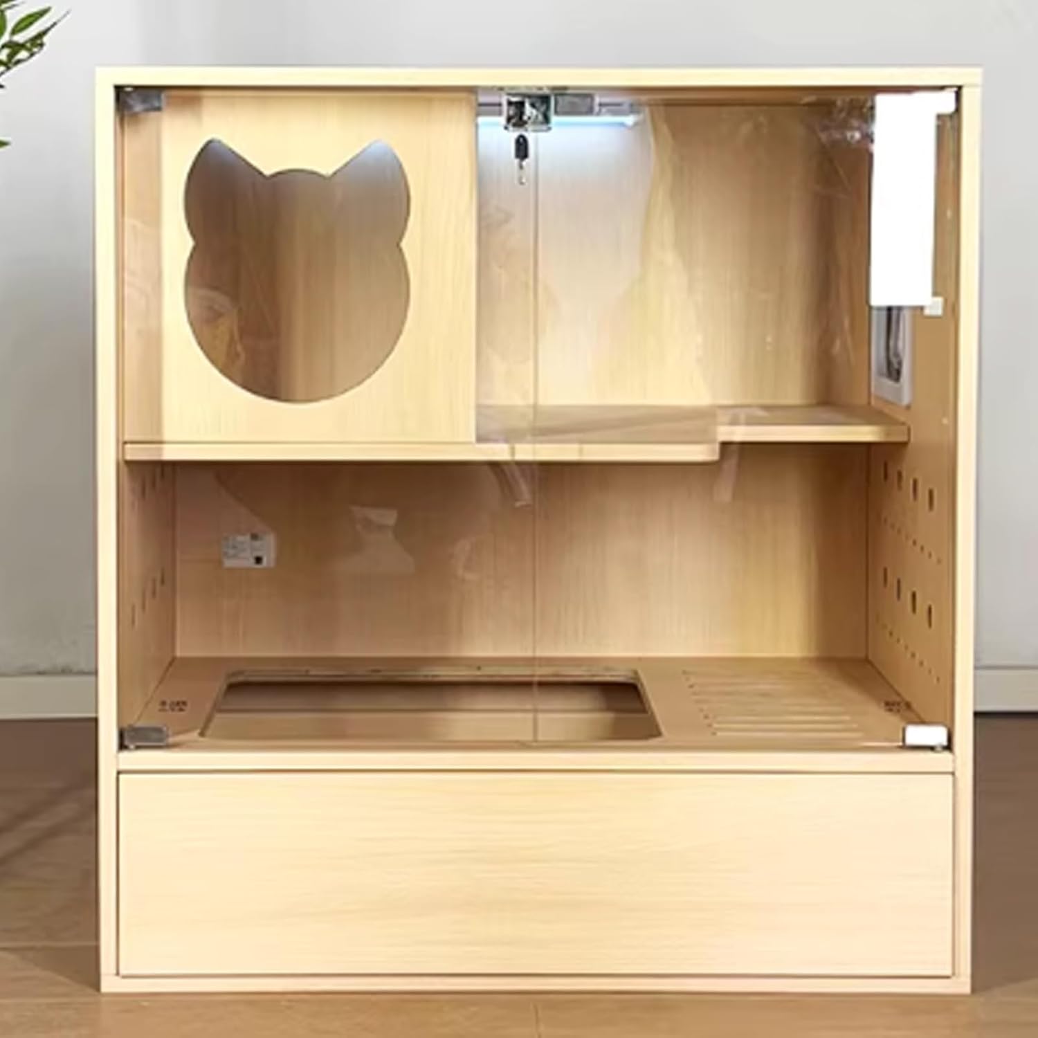 Double Litter Box Enclosure Furniture, Hidden Litter Box Cabinet with Transparent Cabinet Doors and Multiple Ventilation Openings, Wood Covered Cats Shelter for Living Room
