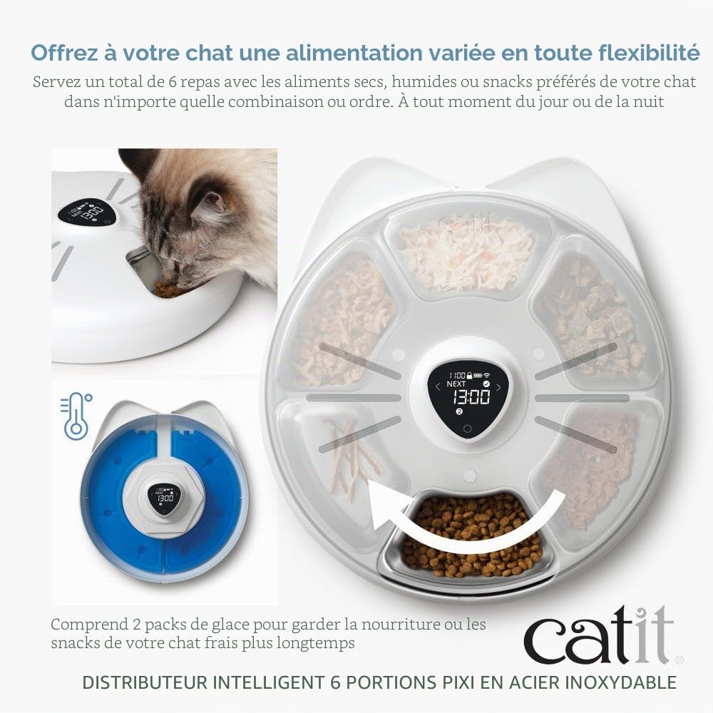 Mangeoire Intelligente 6 portions avec Plateau en Acier Inoxydable pour Chats Catit PIXI