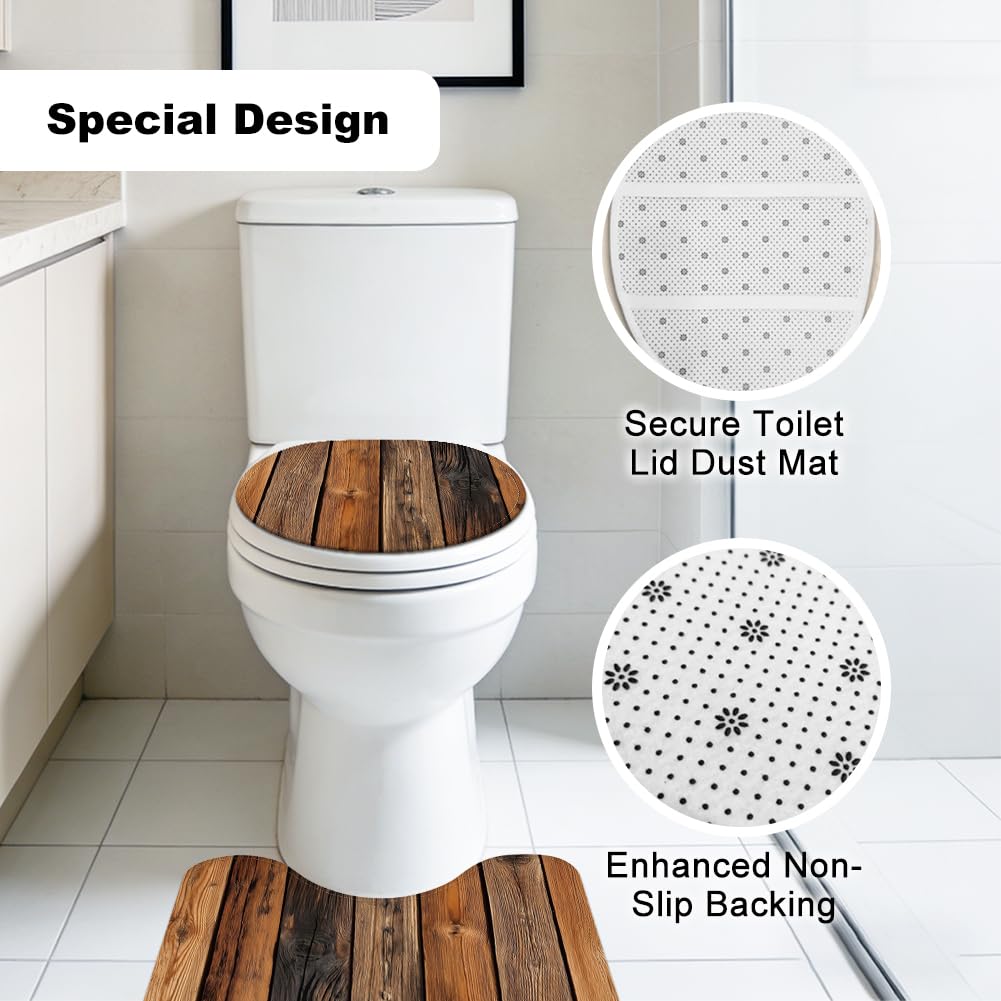 Set di 3 tappeti da bagno rustici, decorazione rustica, antiscivolo, con tappeto a forma di U e copriwater lavabile, per il bagno, arancione-marrone