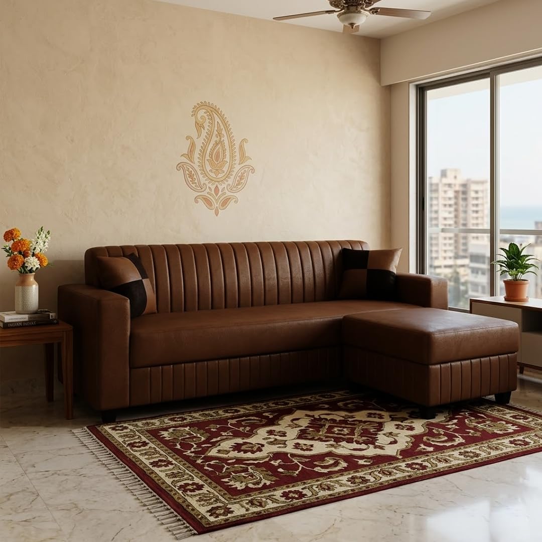 FURNY Gracina 4 Seater L Shape Sofa Set with Movable Ottoman | Flexible Left or Right Layout | Premium Leatherette Upholstery (Brown) | Perfect for Living Room, Guest Room & Office
