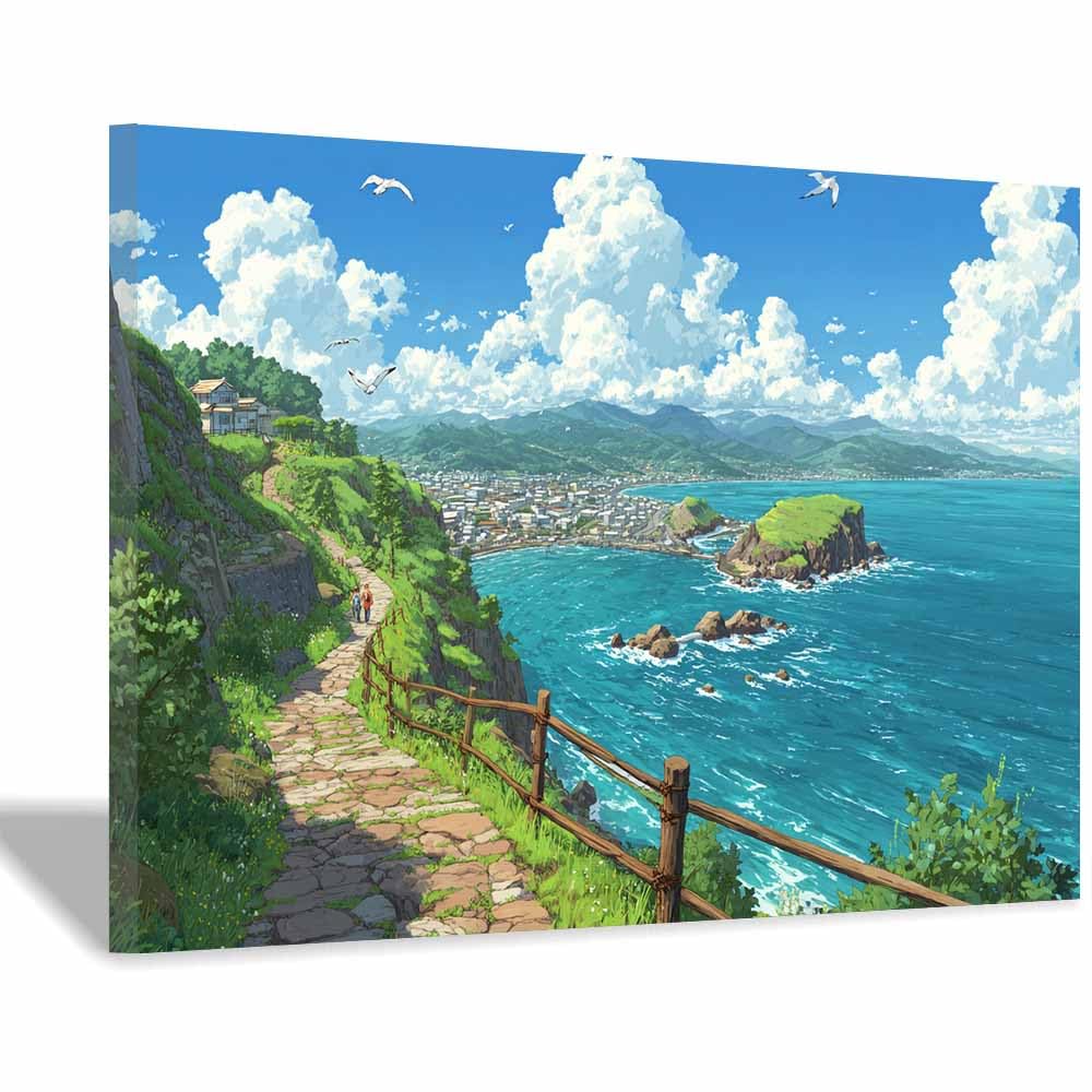 HOQIU Beautiful wall art Ocean Viewss Pathway canvas artwork for wall, art prints, For living room, bedroom, bathroom, dining room, painting and decor.(Multicolor)-70x100cm Framed