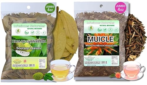 Té de hierbas de hojas de guanábana (guanábana)  4 onzas + té de hierbas Muicle (madreselva mexicana)  4 onzas  Hoja suelta silvestre  100% natural,