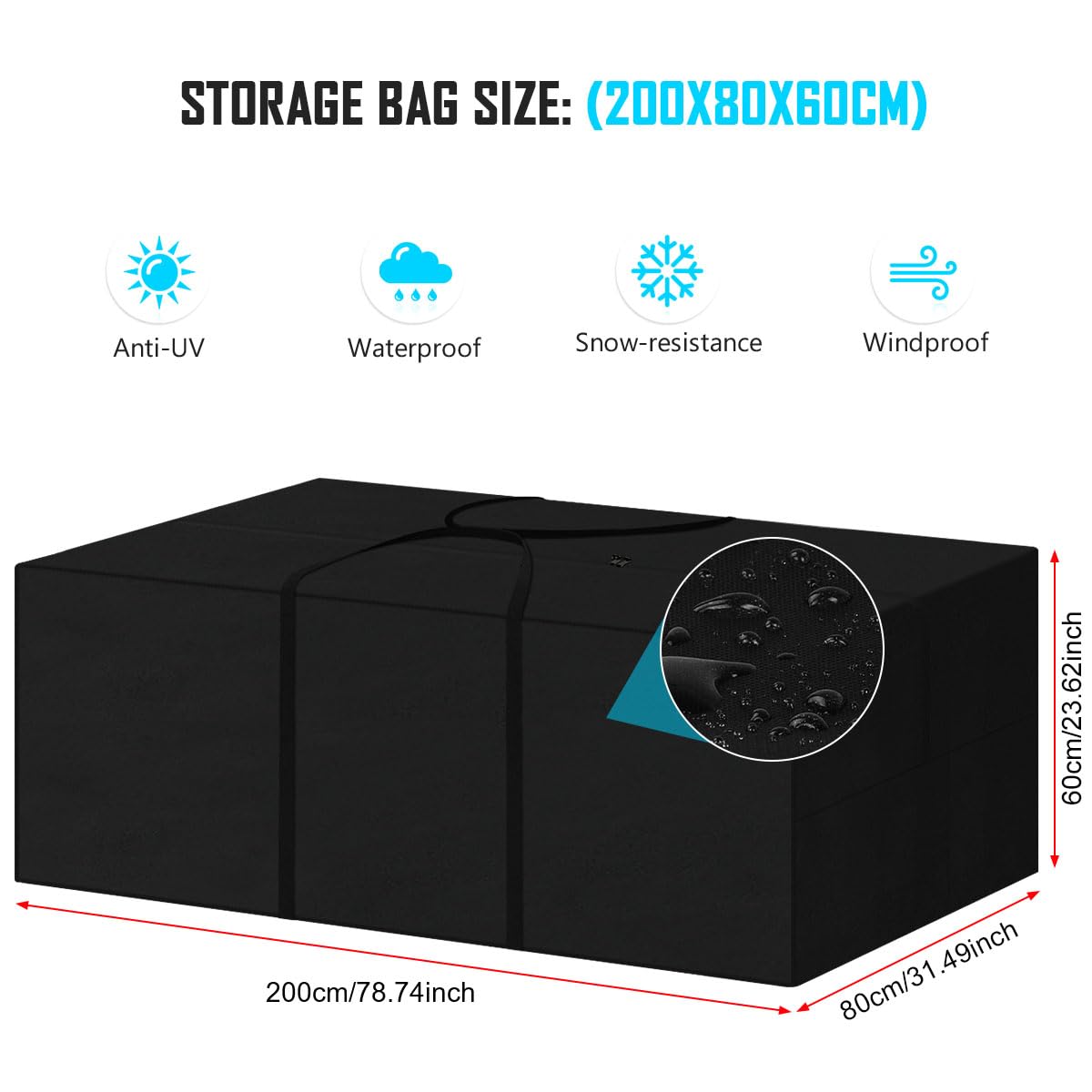 Sac de Rangement pour Coussins de Meubles de Jardin, Housses de Coussin d'Extérieur avec Poignée, Iimperméable, Anti-UV, Sac de Rangement pour Sapin de Noël, 200x80x60cm