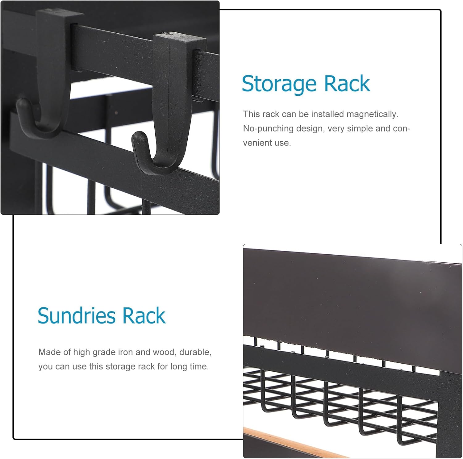 SAFIGLE Wall-Mounted Bathroom Kitchen Storage Shelf, Punch-Free Mesh Single-Layer Rack, Black Multi-Functional Sundries Holder for Refrigerator Side, Home Organization Rack