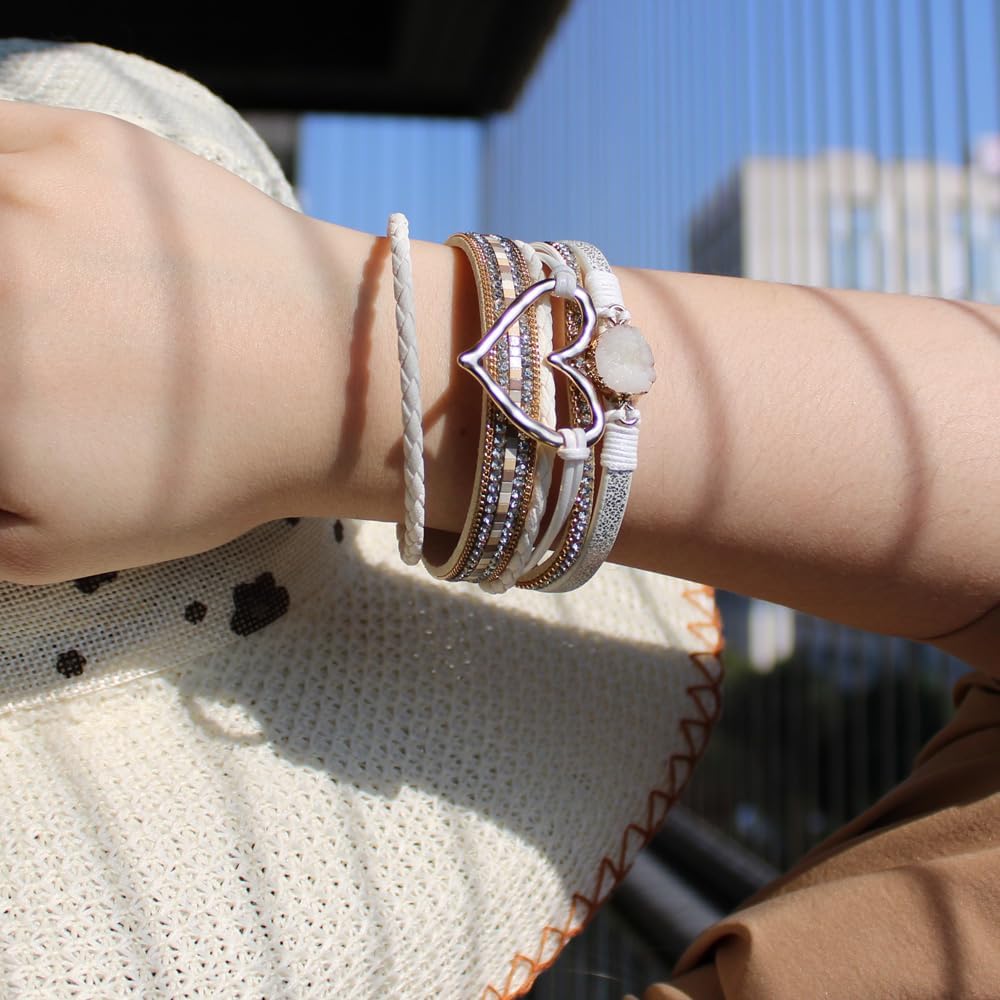 P Ammy Fashion® Women's Multi-layer Love Heart Leather Wrap Bracelets Stackable Boho Bangles Bohemian Cuff with Magnetic Clasp Jewelry Gift - Image 2