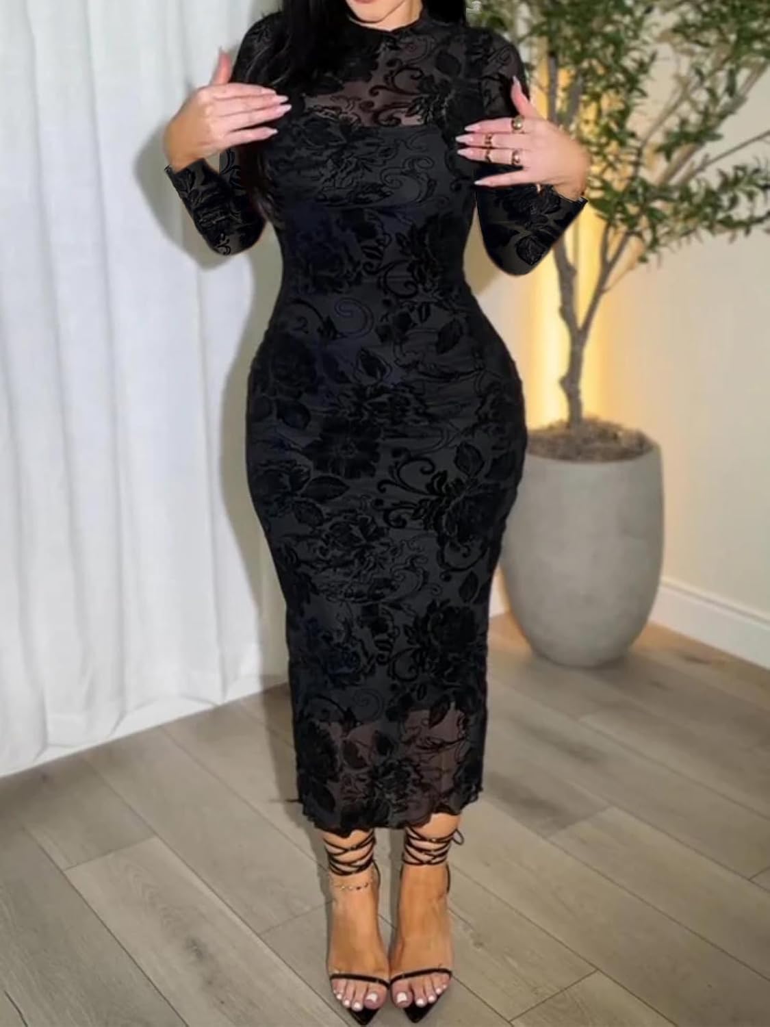 Mojessy Sexy Dresses for Women Long Sleeve See Through Bodycon Midi Dresses 2 Piece Dress Set Birthday Date Night Outfit - Image 2