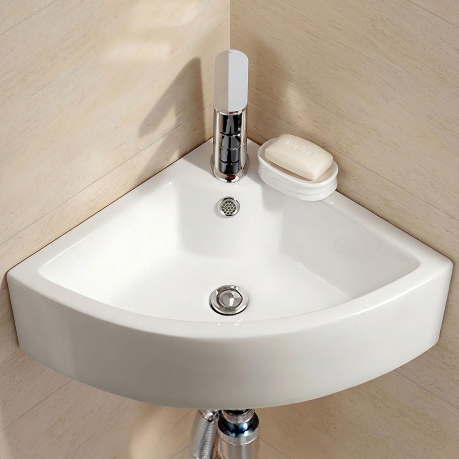 Lavabo de esquina suspendido pequeño para baño de pared con estante de acero