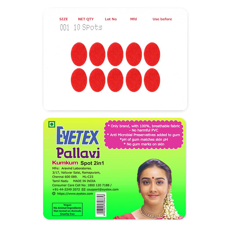 Image of Eyetex Pallavi Sticker Bindi /Pottu|Oval|Aloe Vera & Papaya Extracts|Breathable Non-Irritating Velvet Fabric|OX1|Red|20 Flaps