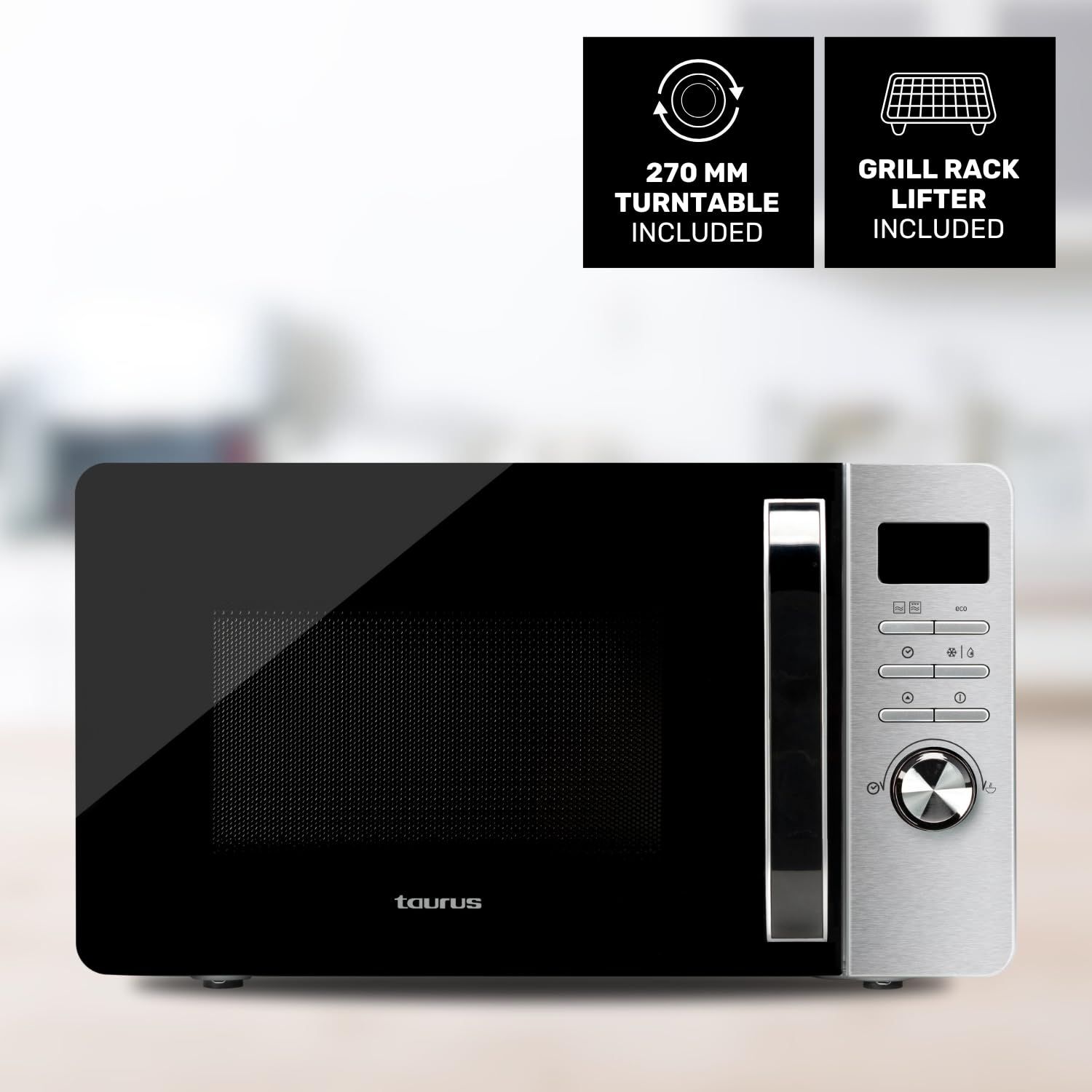 Taurus Fastwave 23 Digital - Micro-ondes 800W, 23L, Fonction grill 900W, Mode ECO, Décongélation, Multicook, QuickStart, Programmable, Auto-clean, Revêtement Shiny&Clean, 99min, Inox