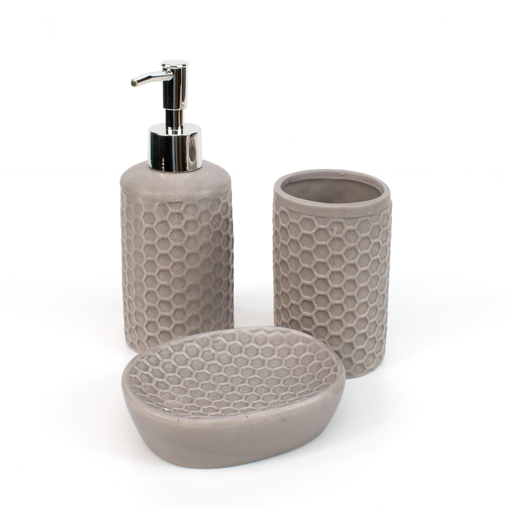 THE SECRET HOME - Set de Baño de 3 Piezas - Conjunto de Acessorios para Aseo de Diseño Moderno - Juego de Baño con Dispensador de Jabón, Vaso y Jabonera (Modelo 3 - Beige)