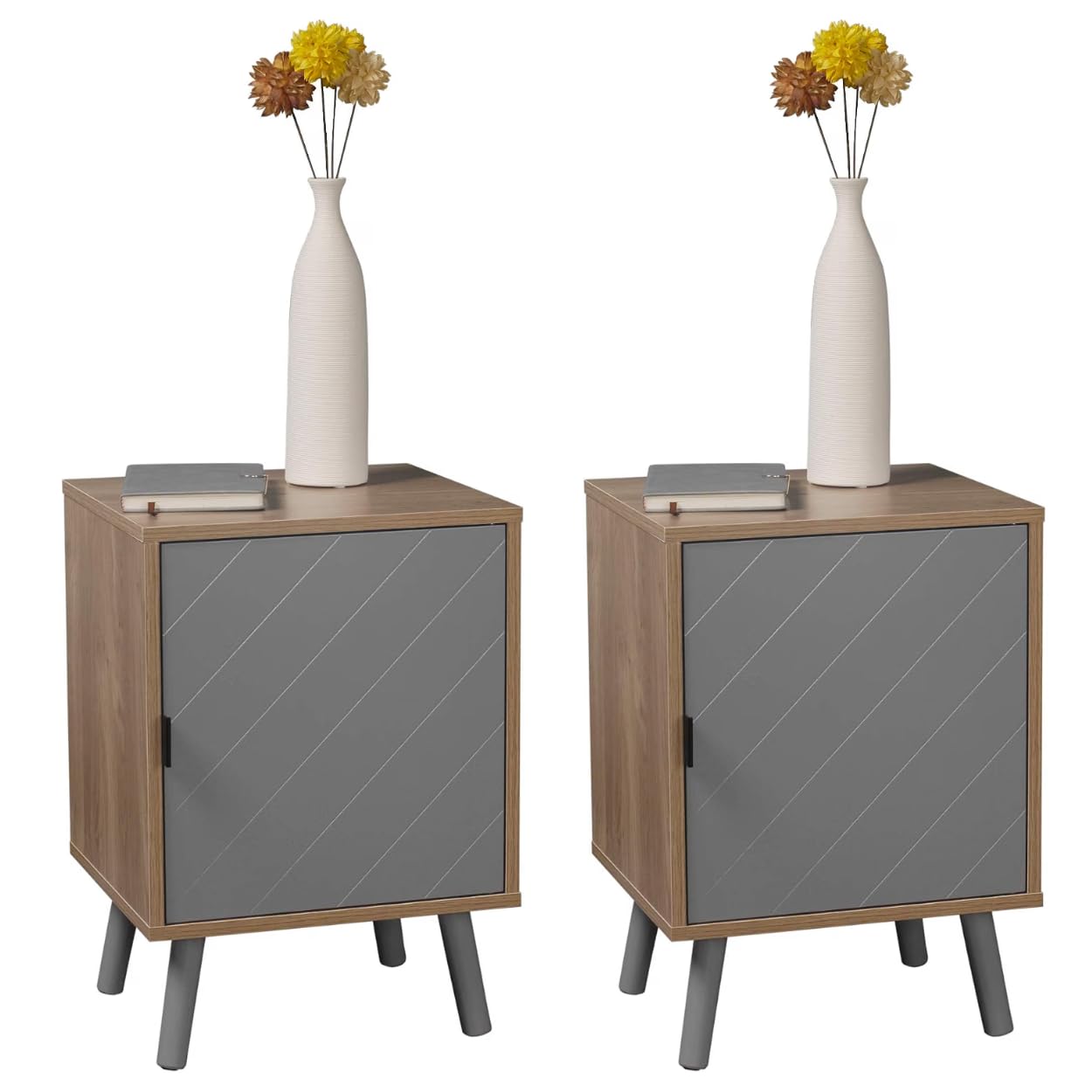URBNLIVING Hanover Lined Wooden Bedside Table (Oak/Grey, Set of 2)