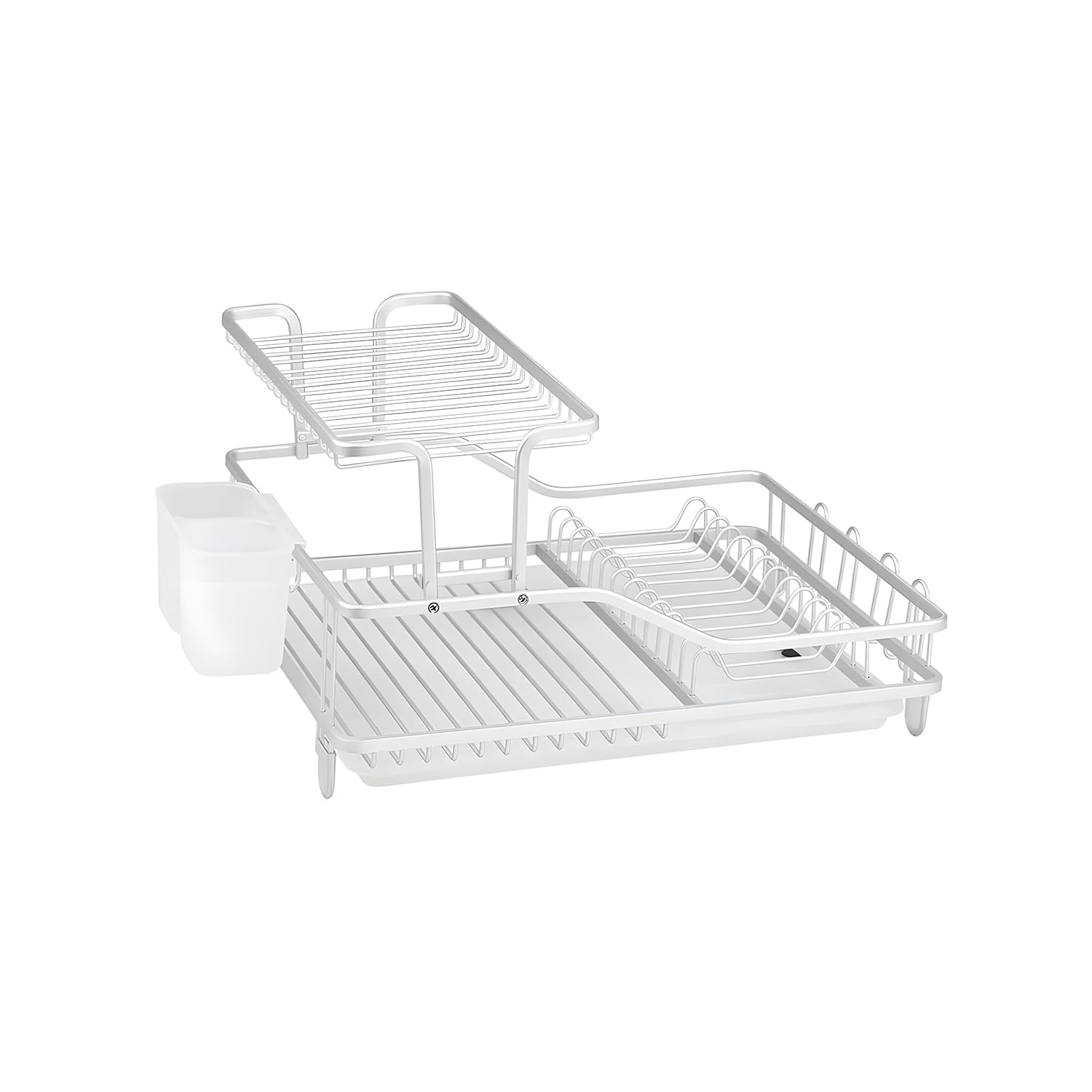 Wintem Escurreplatos de 2 Niveles de Aluminio antioxidante 55,5 x 35 x 27,3 cm Blanco – Incluye portavasos en el Lado del Nivel Superior, Patas Antideslizantes, Accesorios extraíbles y Divisor