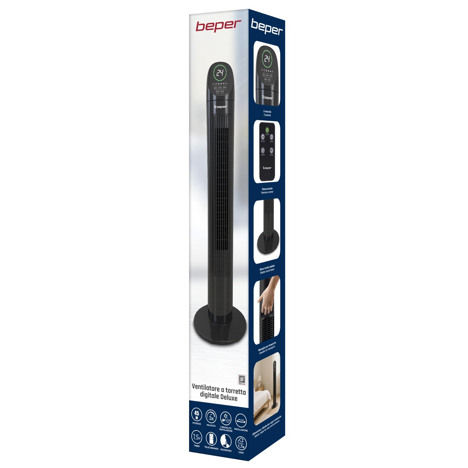 BEPER P206VEN310 Ventilador de torre digital de lujo con control remoto, silencioso, 3 velocidades y 3 modos, oscilación, temporizador de 7,5 horas, base estable