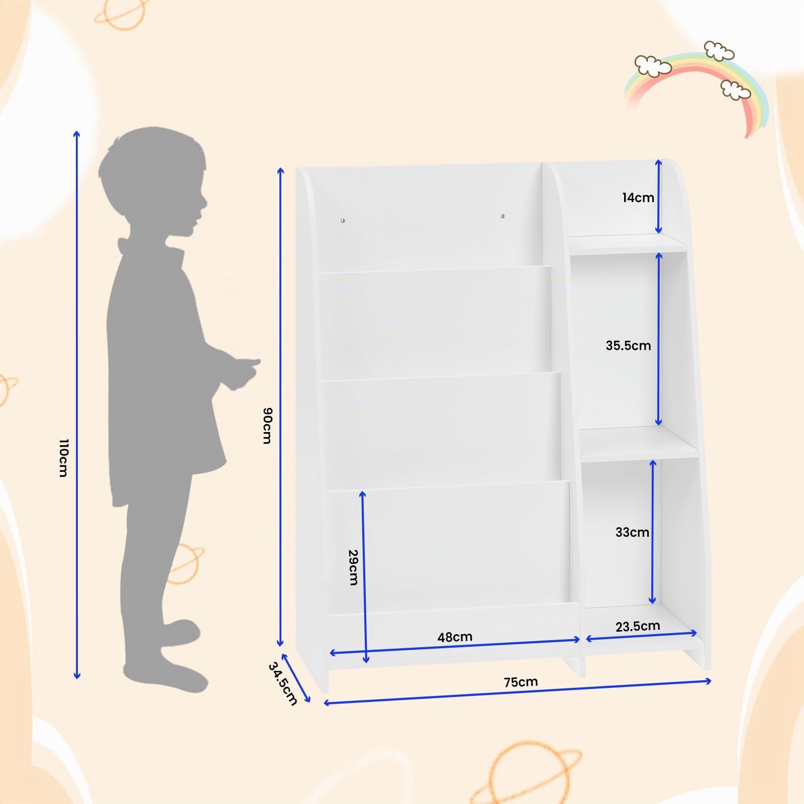 Lestarain Librería Infantil, Divertida Forma Casita, Estantería Libros para Niños con 6 Compartimientos, Organizador de Juguetes con Patas de Madera Maciza, Blanco, 60x30x64,5 cm