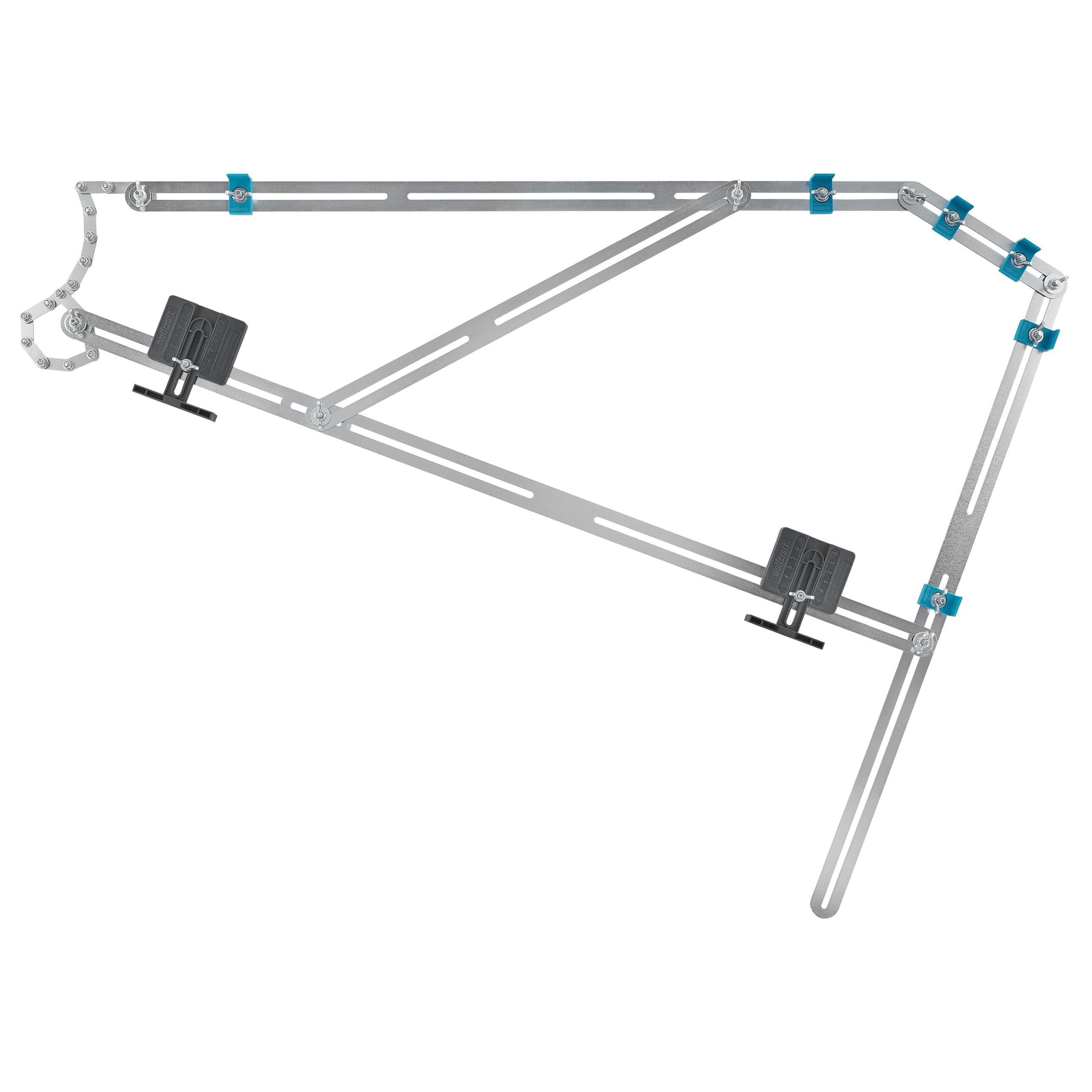 wolfcraft Treppenlehre – Winkelmesser & Schablone für Treppenbau | Treppenspinne & Winkelschmiege kombiniert – für Wendeltreppen, Dehnungsfugen & Materialzugaben – Metall, Made in EU - 5210000