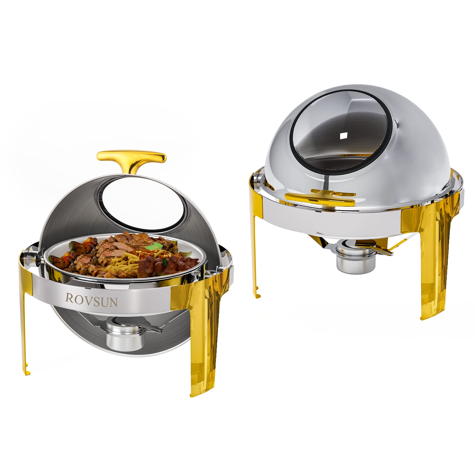 ROVSUN 6QT Round Chafing Dishes for Buffet Gold Accent 2 Pack, Stainless Steel Roll Top Chafer for Catering, Food Warmer with Glass Window for Party Wedding Catering Banquet Graduation Event