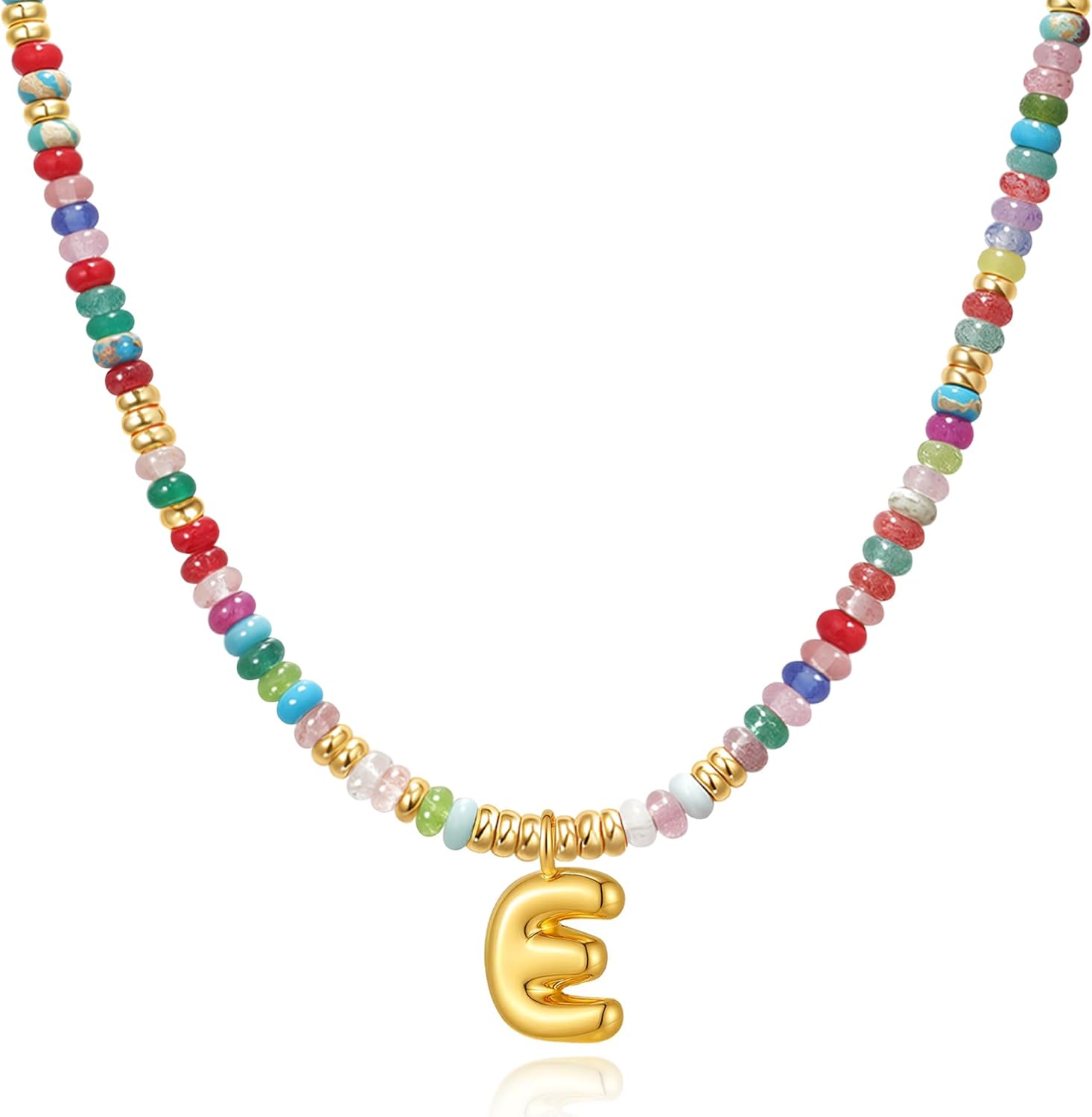 YOUFENG Initial Letter Necklaces for Women Colorful Beaded Gemstone Choker 14K Gold Plated Bubble Letter Pendant Necklace Natural Stone Handmade Jewelry Gift