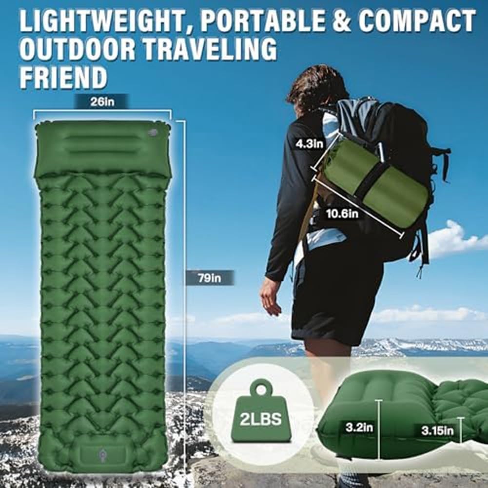 Matelas de camping autogonflant avec oreiller (vert pin)
