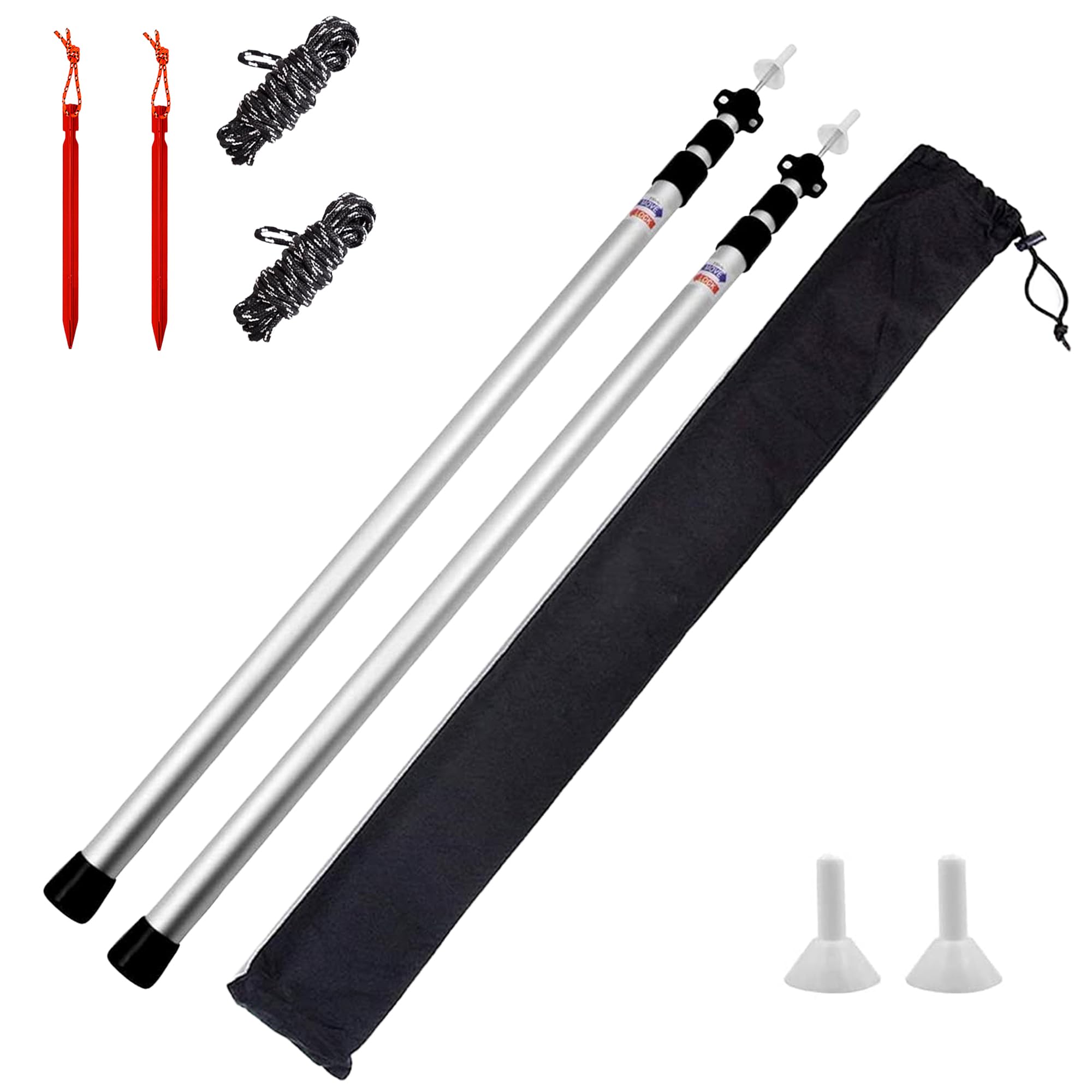 Lot de 2 Poteaux Télescopiques en Aluminium 2,3M, Réglable Support de Bâche Tente Voile Ombrage, Accessoire Camping Jardin Auvent, avec Piquets et Cordes de Vent