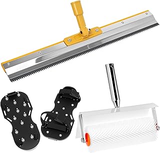QWORK® 3-teiliges Bodenbeschichtung Set: 56CM Edelstahl-Stehrakel, 25CM Entlüftungswalze & 2 Nagelschuhen – für Epoxidharz, Ausgleichsmasse & Bodenversiegelung