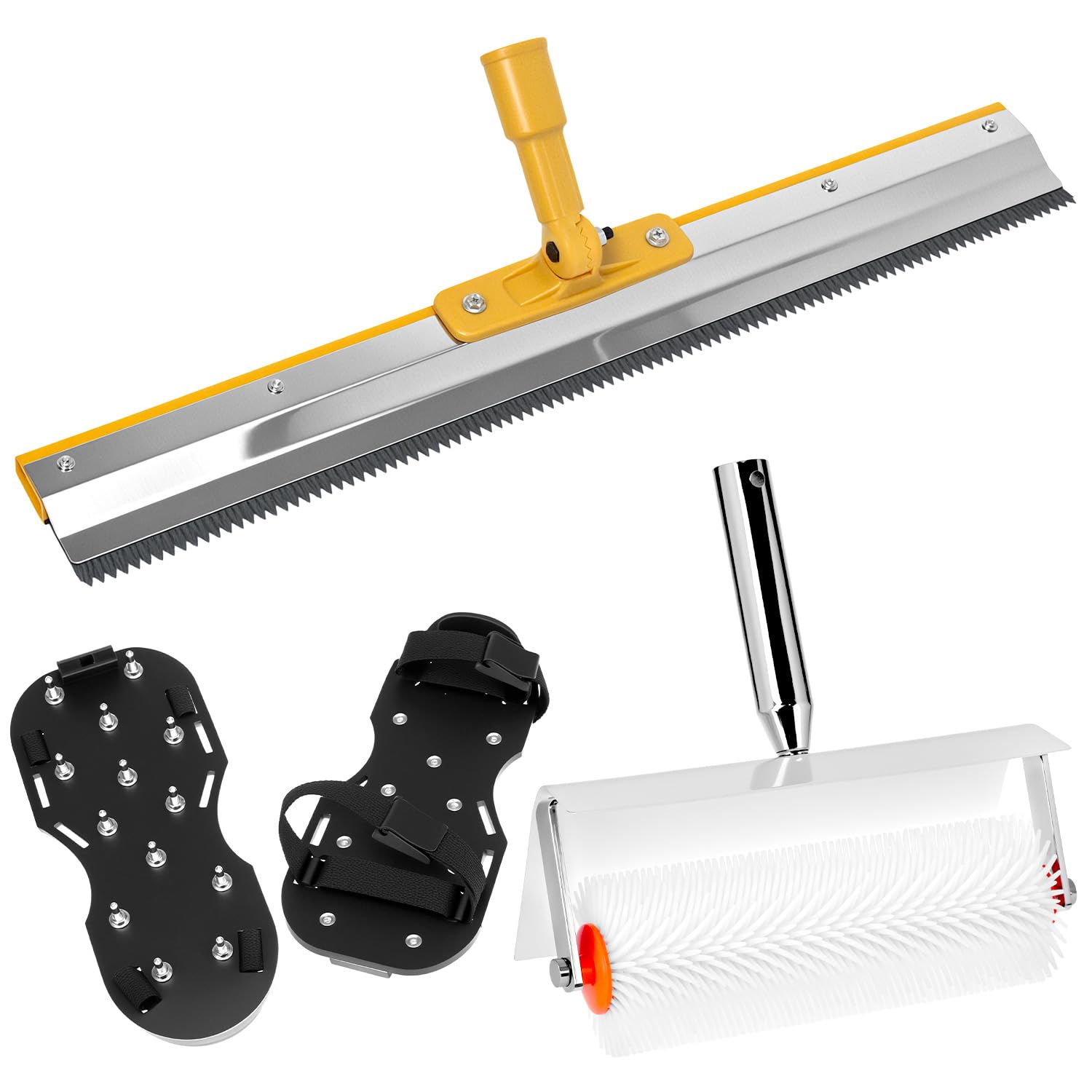 QWORK® Ensemble de revêtement de sol: raclette sur pied en acier inoxydable de 56 cm, rouleau d'aération de 25 cm & 2 chaussures à clous – pour résine époxy, mortier de nivellement & scellement de sol