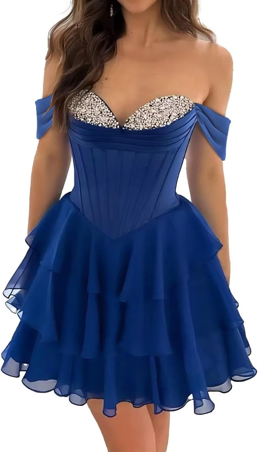 Miao Duo Womens Sparkly Lace Tiered Off Shoulder Cocktail Dress