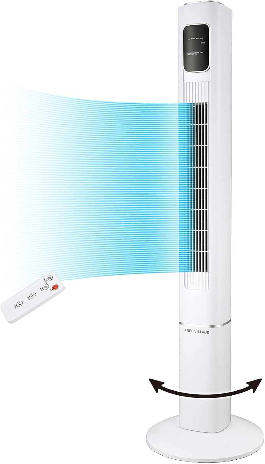 FREE VILLAGE 47'' Bladeless Tower Fan - 47 Inch Portable Tower Fan with Remote, 15 Hours Timer, 70¡ã oscillation, LCD Display, Compact Size, 3 Modes and 3 Speed Settings, Safe for Kids and Pets, White