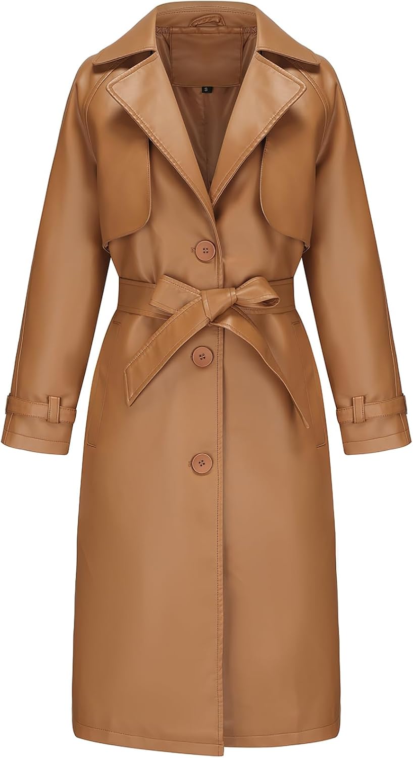 ebossy Women's Faux Leather Long PU Jacket Button Down Windproof Oversized Trench Coat with Belt