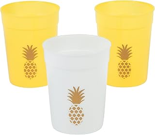 Fun Express Set of 12 Pieces Pineapple Plastic Party Cups, Each holds 12 oz, BPA Free Plastic, Luau, Tiki and Tropical Party Supplies, White & Gold