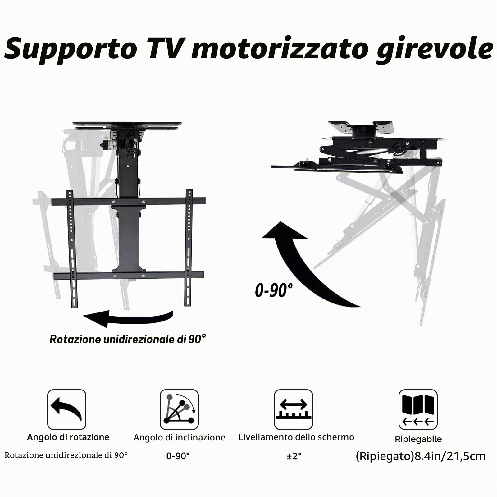 supporto motorizzato tv per soffitto ribaltabile e girevole, Regolazione dell'angolazione da 0 a 90° staffa tv soffitto motorizzata con telecomando per schermi da 32 a 70 pollici (black, 32-70 inch)
