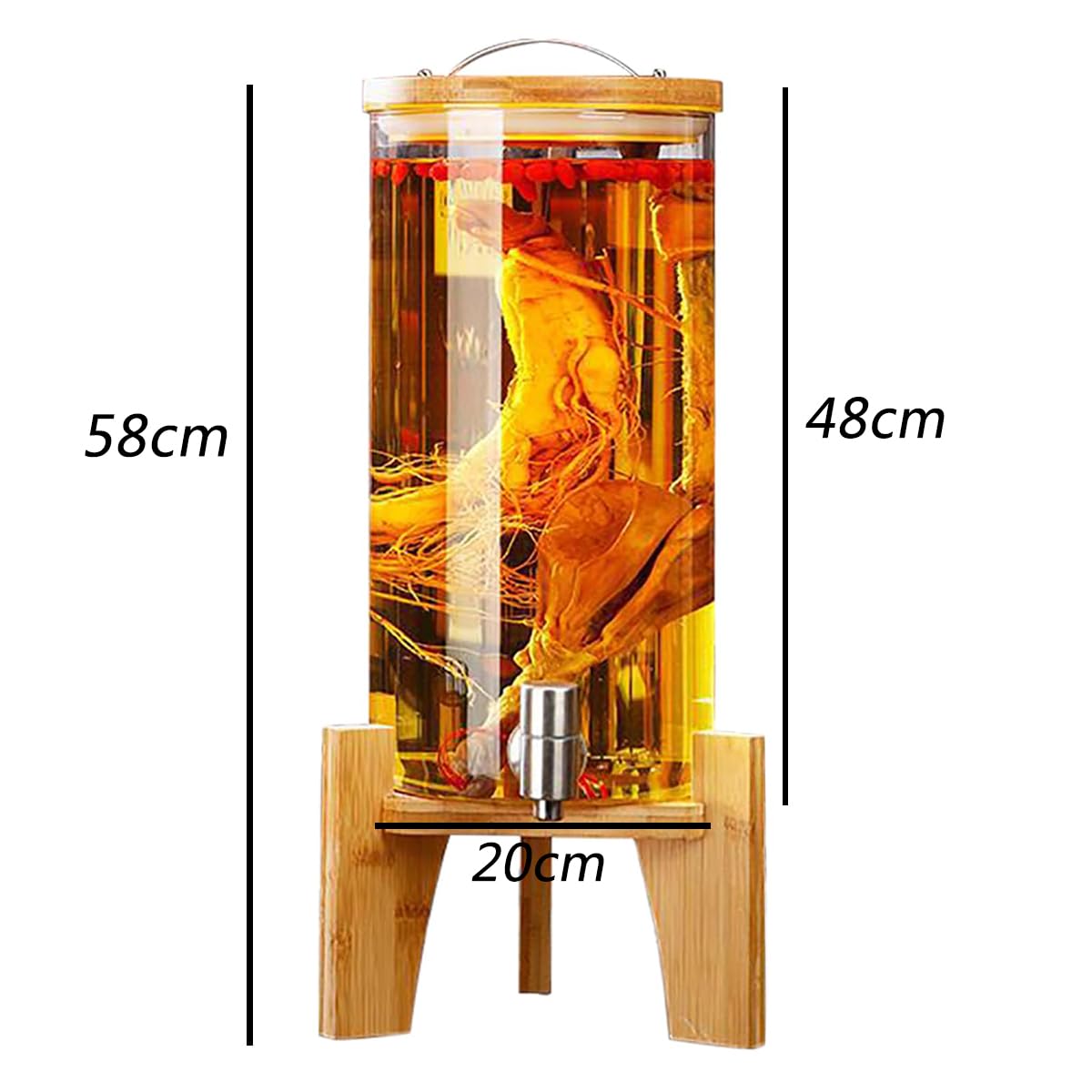 Dispenser per bevande con rubinetto e supporto in legno, bottiglia di succo in vetro per feste, dispenser per bevande con supporto, elegante e funzionale