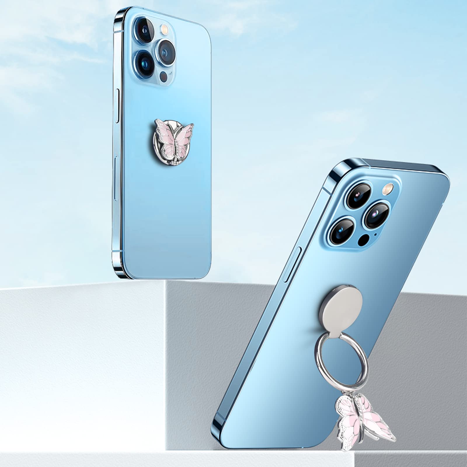 Soporte de anillo para teléfono, soporte de dedo de metal brillante, bonito soporte de anillo de mariposa para teléfono celular, rotación de 360°, agarre ajustable para teléfono, compatible con