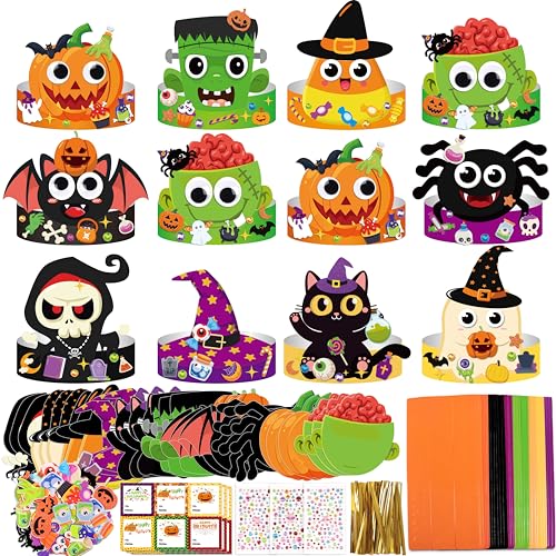 Eternity sky 30 Sets Halloween Crafts - DIY Headbands Paper Crown Hat Art Kit Set with Stickers for Party Favors