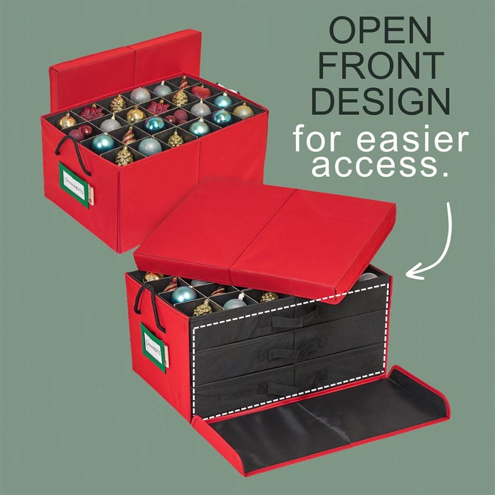 HOLDN’ STORAGE Christmas Ornament Storage Box with Dividers, Holds 72 Ornaments (3 Inch), Large Ball Storage Container with 3 Removable Trays, Durable and Portable - Red - Image 4