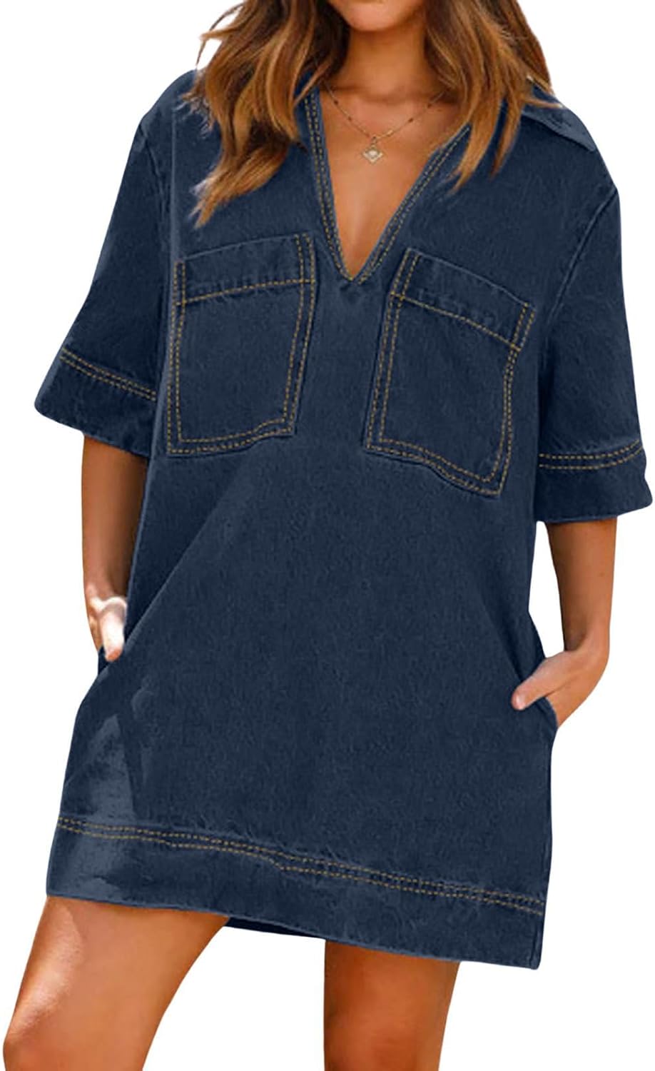 CHARTOU Women Loose Denim Dress Short Sleeve Casual Summer Dress Turn Down Pullover Vintage Tunic Jean Dress - Image 2