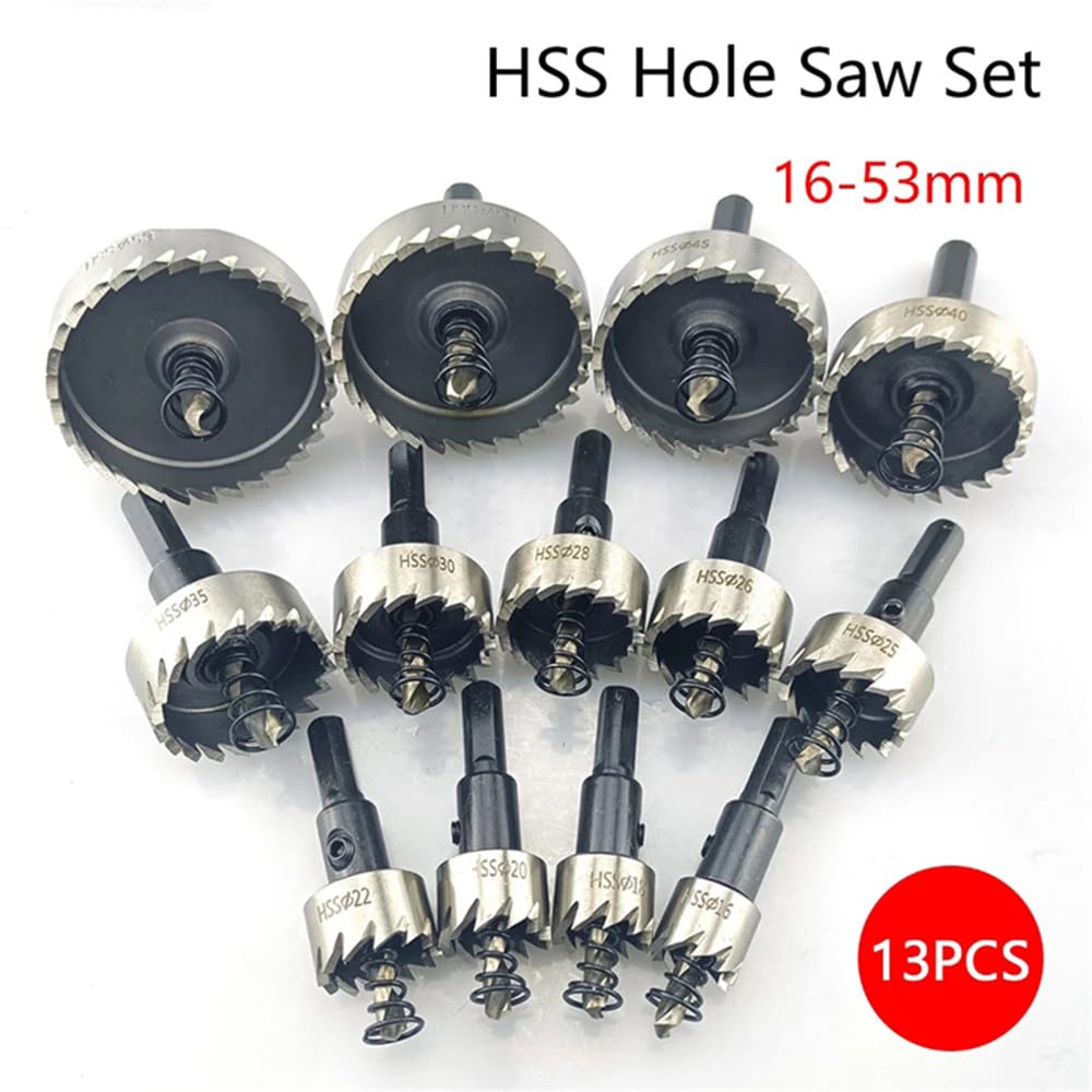 Juego de sierras perforadoras HSS de 13 piezas de 16-53 mm Corona de perforación de brocas de acero de alta velocidad para herramienta de corte de madera de acero inoxidable de aleación de metal, 16,5