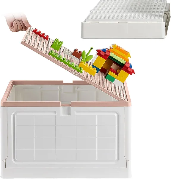 2 PACK Toy Box Toy Chest with Building Lid for Duplo Blocks,38 Qt.Foldable Storage Bins with Drawing Board,36L Lego Storage Box for Boys and Girls,Lego Storage Organizer(2 PACK Pink+White)
