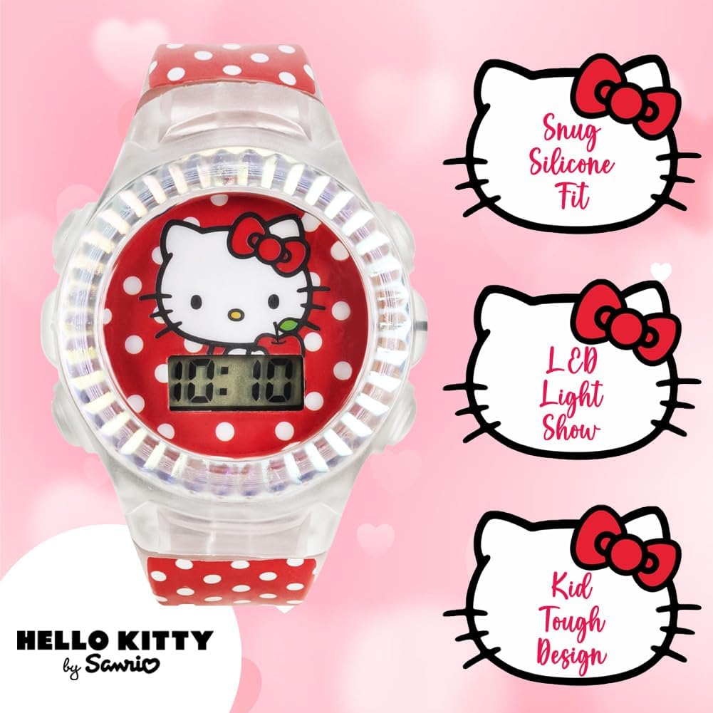 Sanrio Hello Kitty Kids LCD Watch – Red Polka Dot Strap, Iridescent Bezel, Digital Display, Cute Printed Dial, Adjustable Fit, Collectible Tin Box, Perfect for Girls – Fits Wrists 5.5” to 8” - Image 3
