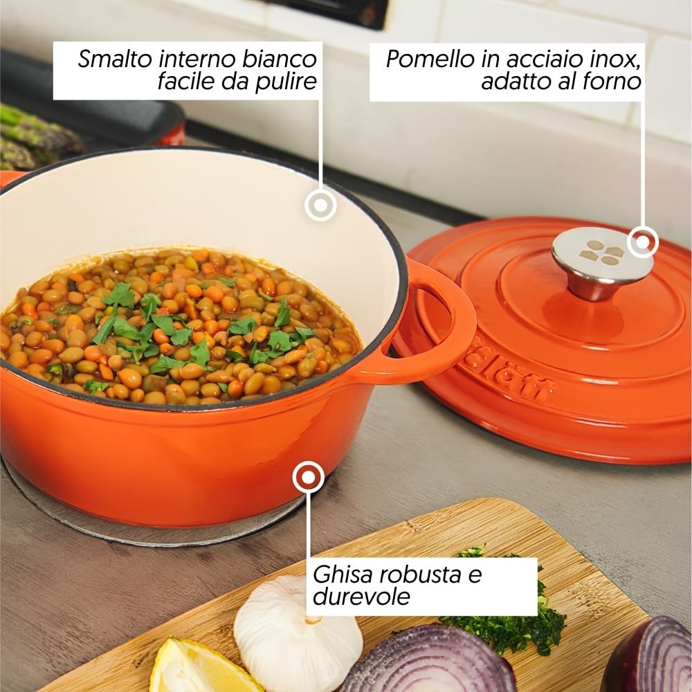 Cocotte in Ghisa Smaltata Arancione. Forno Olandese Pentola Ovale Antiaderente 29x21x11 CM - 3,85 L. Casseruola Pentola in Ferro per Induzione, Vetroceramica e Forno